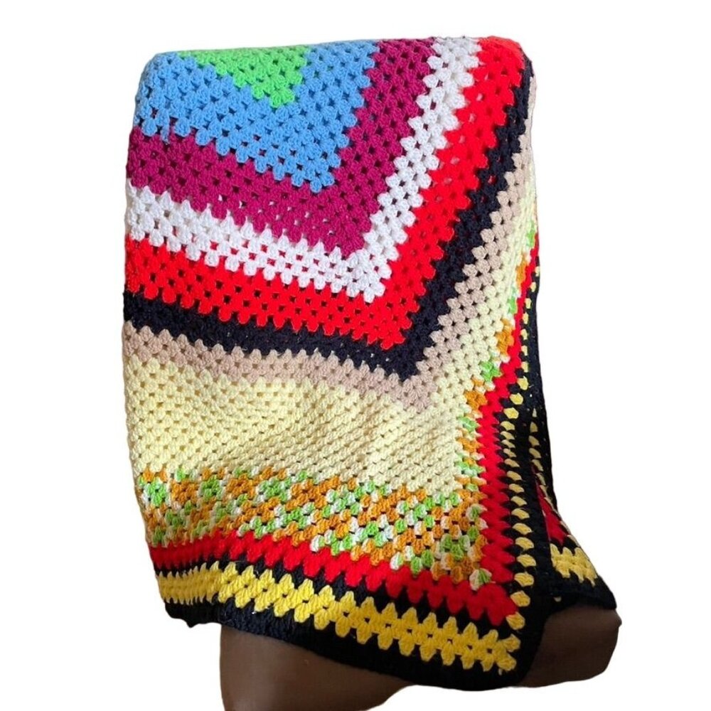 Vintage RAINBOW Afghan Crochet Chevron Zigzag Blanket Throw Pride u 68 x 94 In